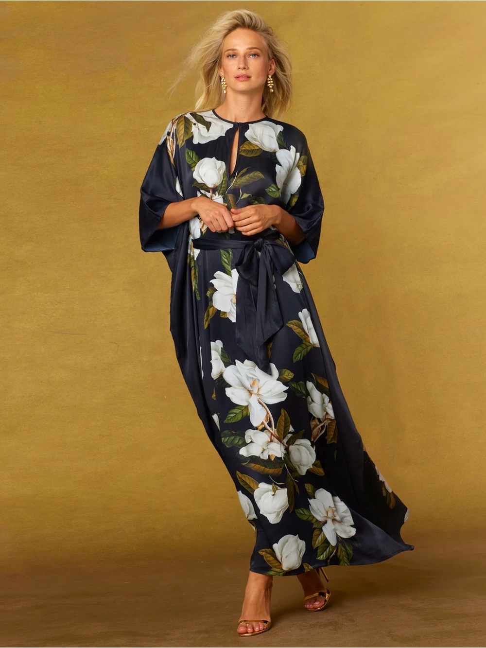NICOBLU • CAMELLIA BELTED SILK KAFTAN dress - medium navy floral vacation luxe - Picture 1 of 14
